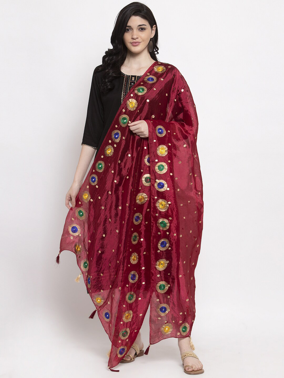 

Clora Creation Maroon & Gold-Toned Embroidered Dupatta