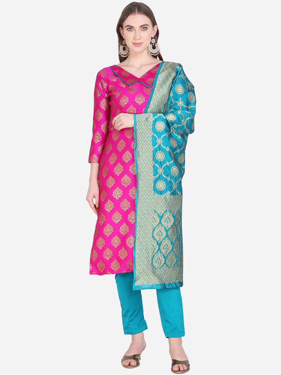 

SHAVYA Pink & Turquoise Blue Silk Blend Unstitched Dress Material
