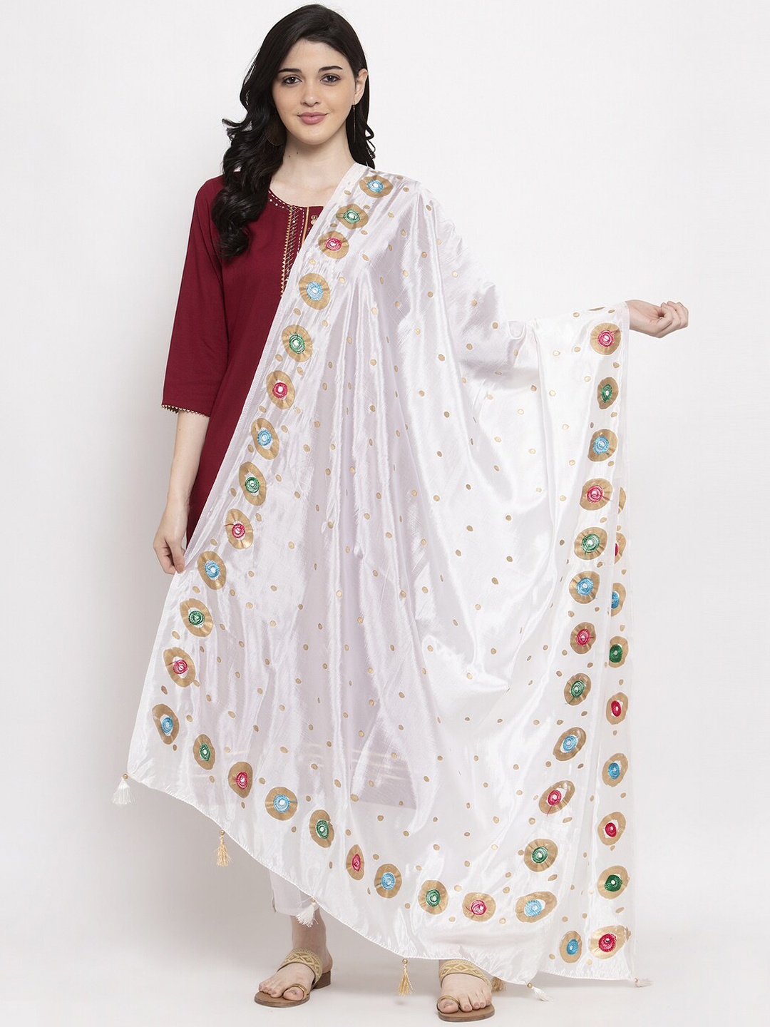 

Clora Creation White & Gold-Toned Printed Dupatta