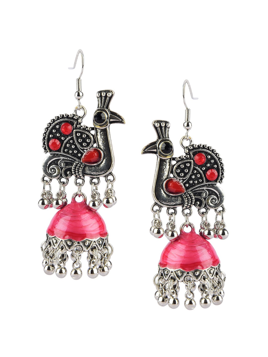 

DESI COLOUR Silver-Toned & Red Dome Shaped Jhumkas