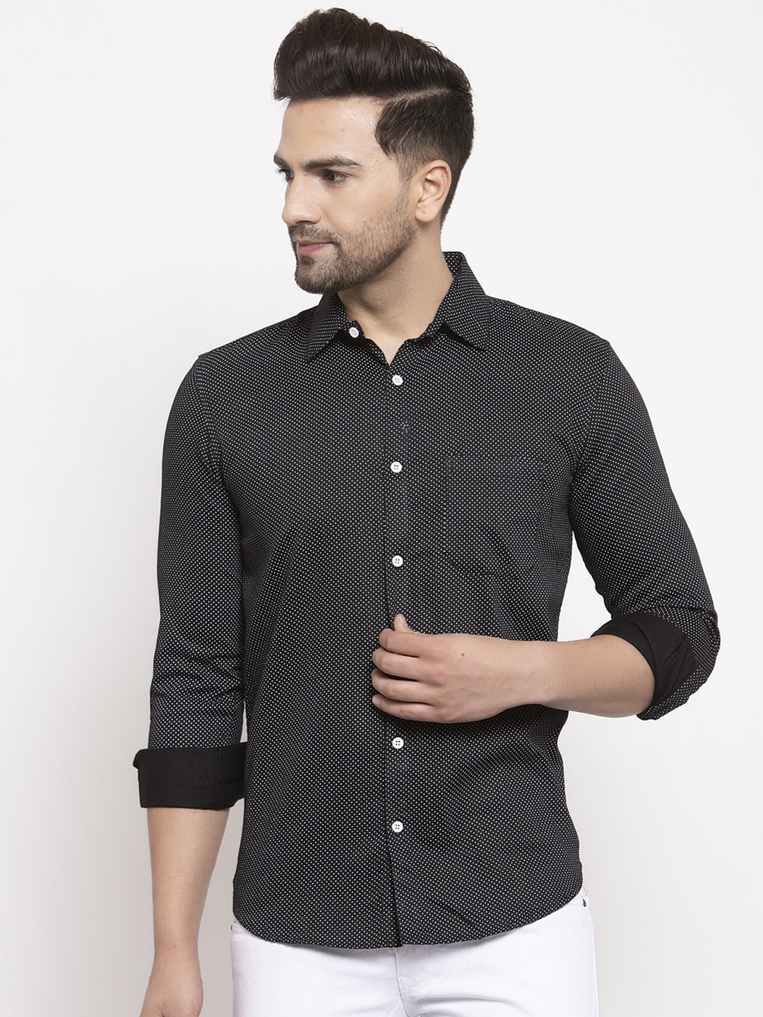 

JAINISH Men Black Regular Fit Polka Dot Printed Casual Shirt