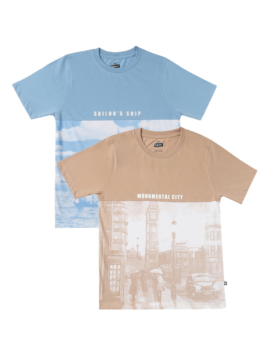 

Dollar Boys Brown Blue Printed Pack of 2 Round Neck Pure Cotton T-shirts
