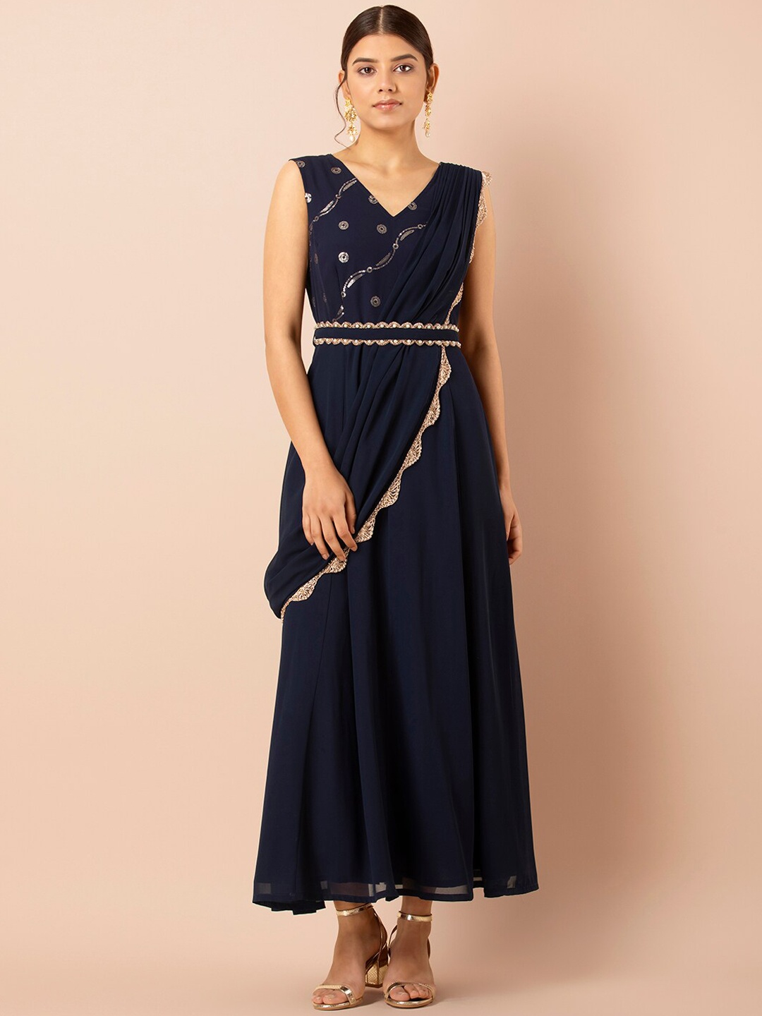 

INDYA Navy Embroidered Kalidar Tunic with Attached Belted Dupatta, Navy blue