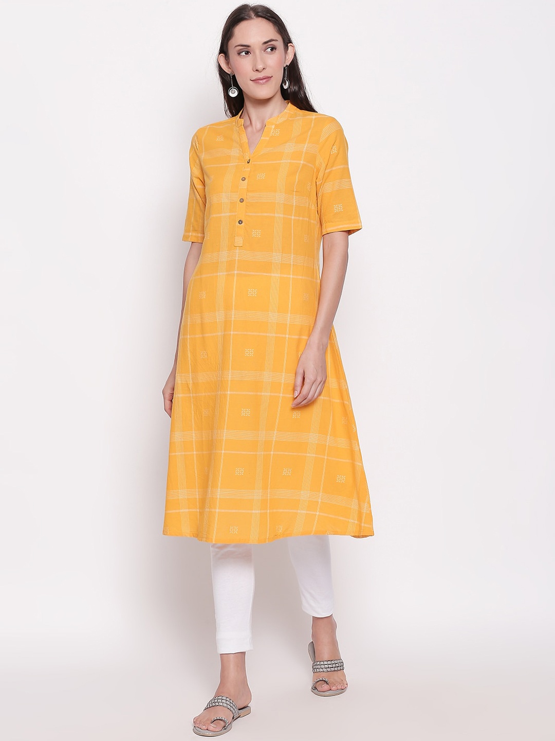 

RANGMANCH BY PANTALOONS Women Yellow & Off-White Checked A-Line Kurta