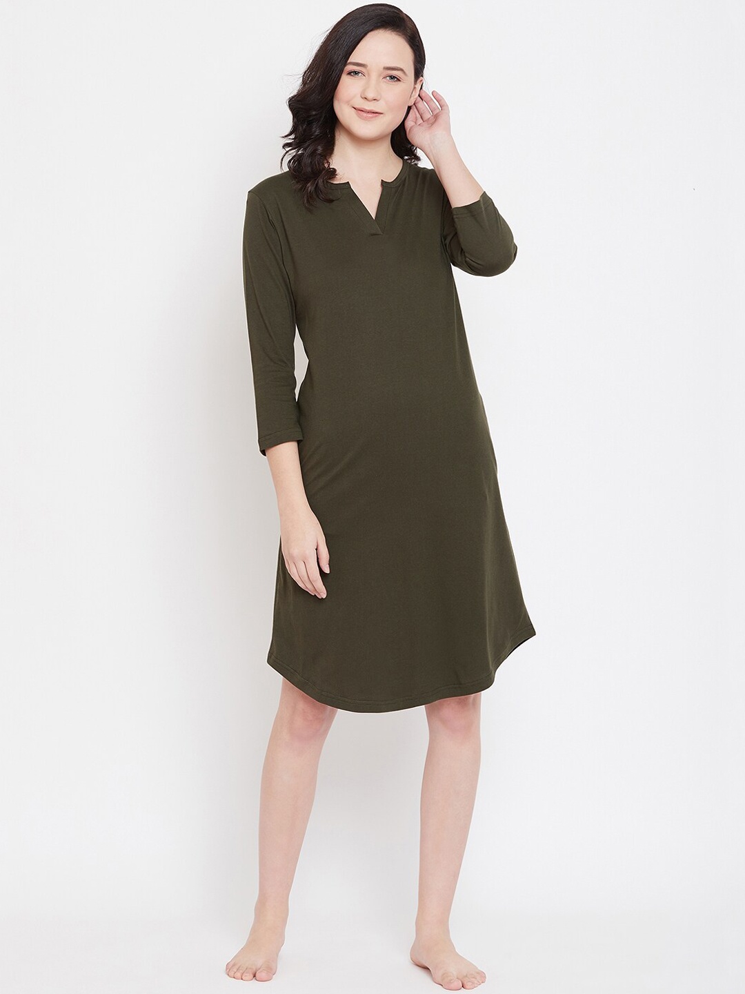 

Hypernation Olive Green Solid Cotton Nightdress