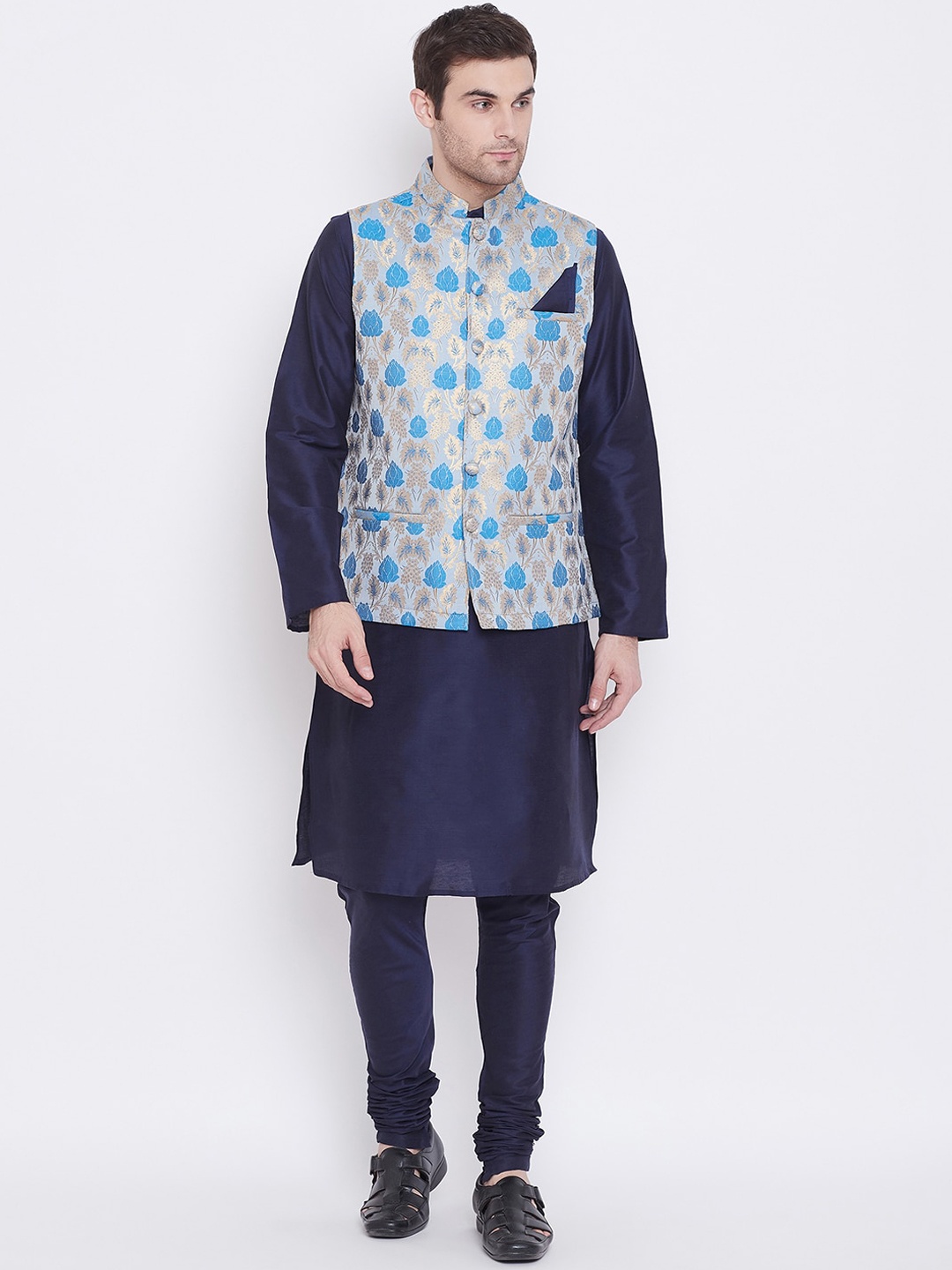 

Tulsattva Men Navy Blue Solid Kurta with Pyjamas With Nehru Jacket