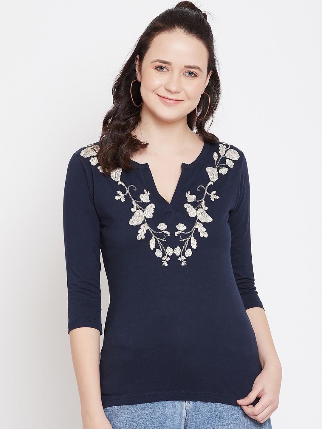 

Hypernation Women Navy Blue Self Design Mandarin Collar Pure Cotton T-shirt