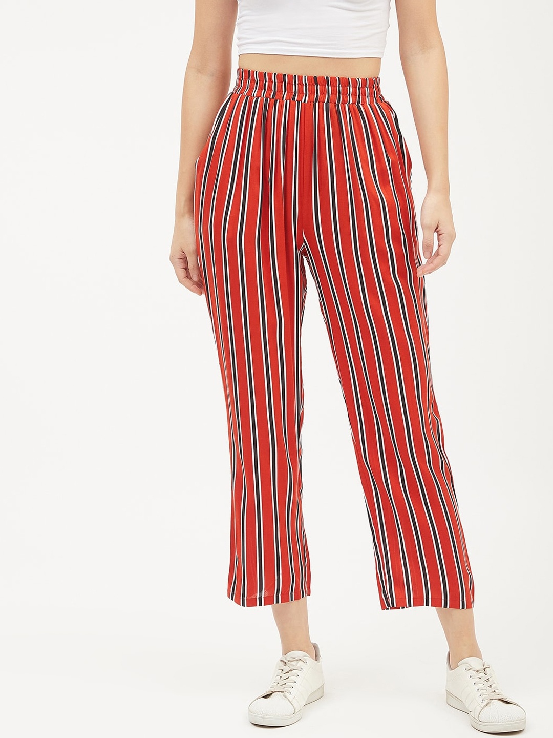

Harpa Women Maroon Smart Regular Fit Striped Regular Trousers