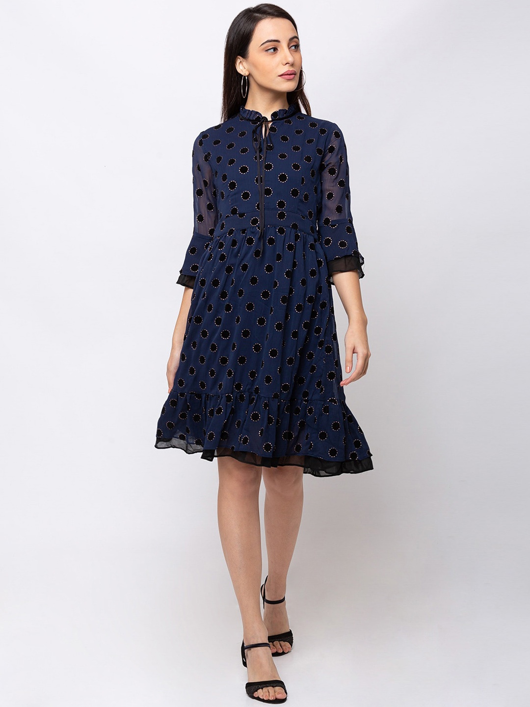 SHECZZAR Women Navy Blue Printed Fit and Flare Dress