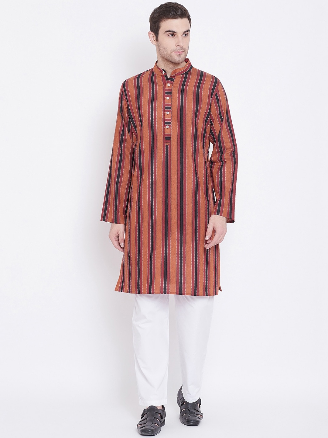 

Tulsattva Men Red & White Striped Kurta with Pyjamas