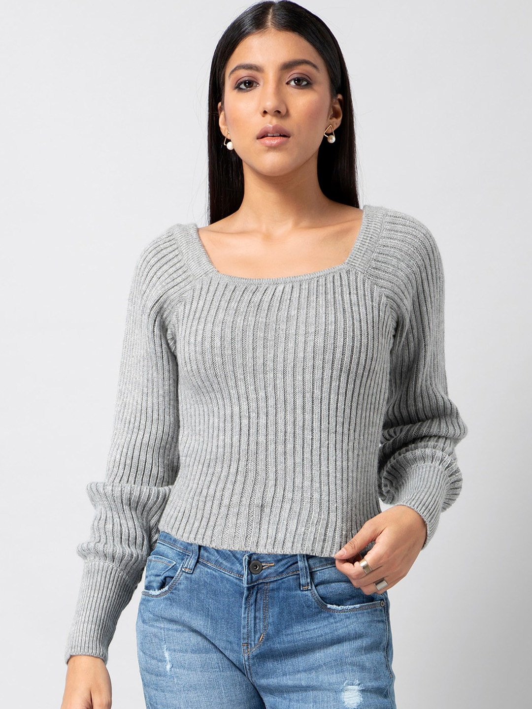 

FabAlley Women Grey Ribbed Pullover Sweater
