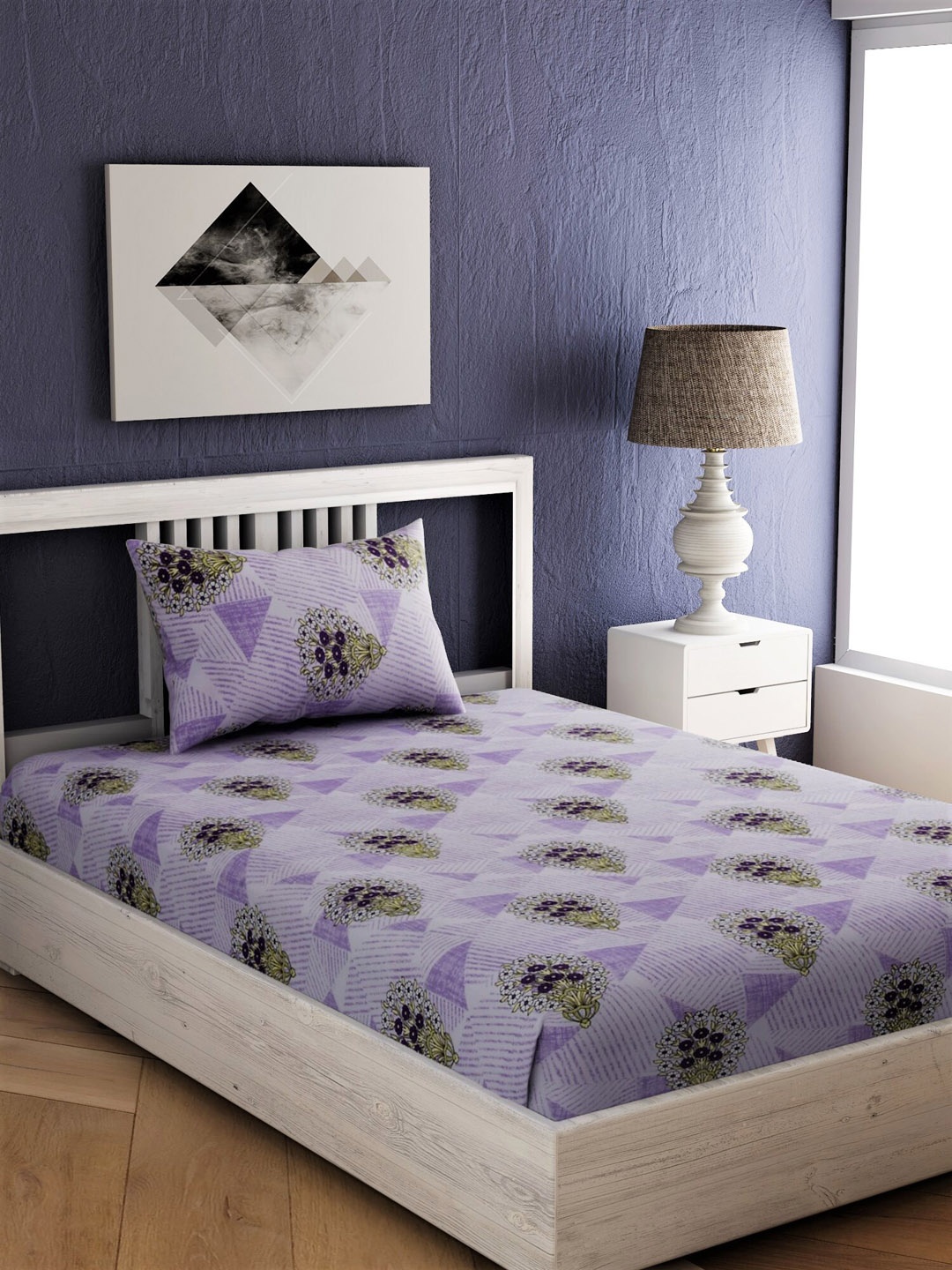 

EverHOME Purple Floral 144 TC Cotton 1 Single Bedsheet with 1 Pillow Cover