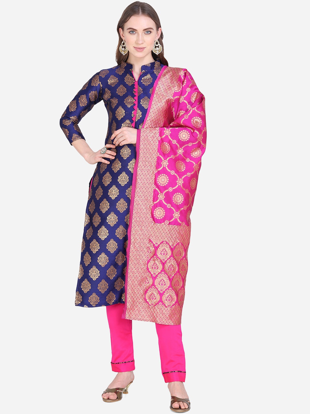 

SHAVYA Navy Blue & Pink Silk Blend Unstitched Dress Material