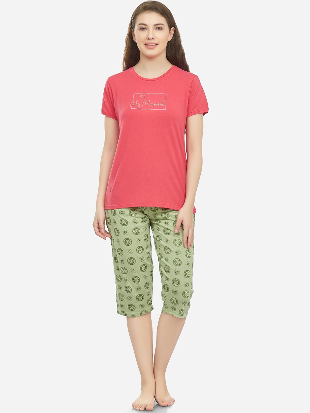 

Lenissa Women Coral-Red & Lime-Green Printed Night Suit