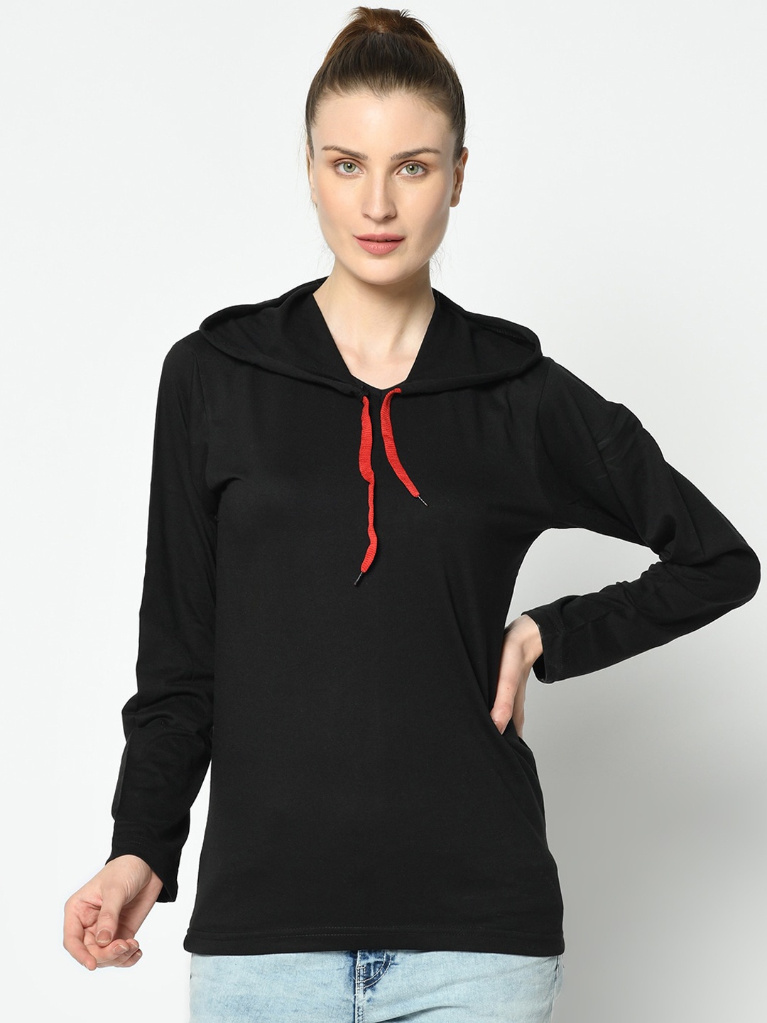 

VIMAL JONNEY Women Black Solid Hood T-shirt