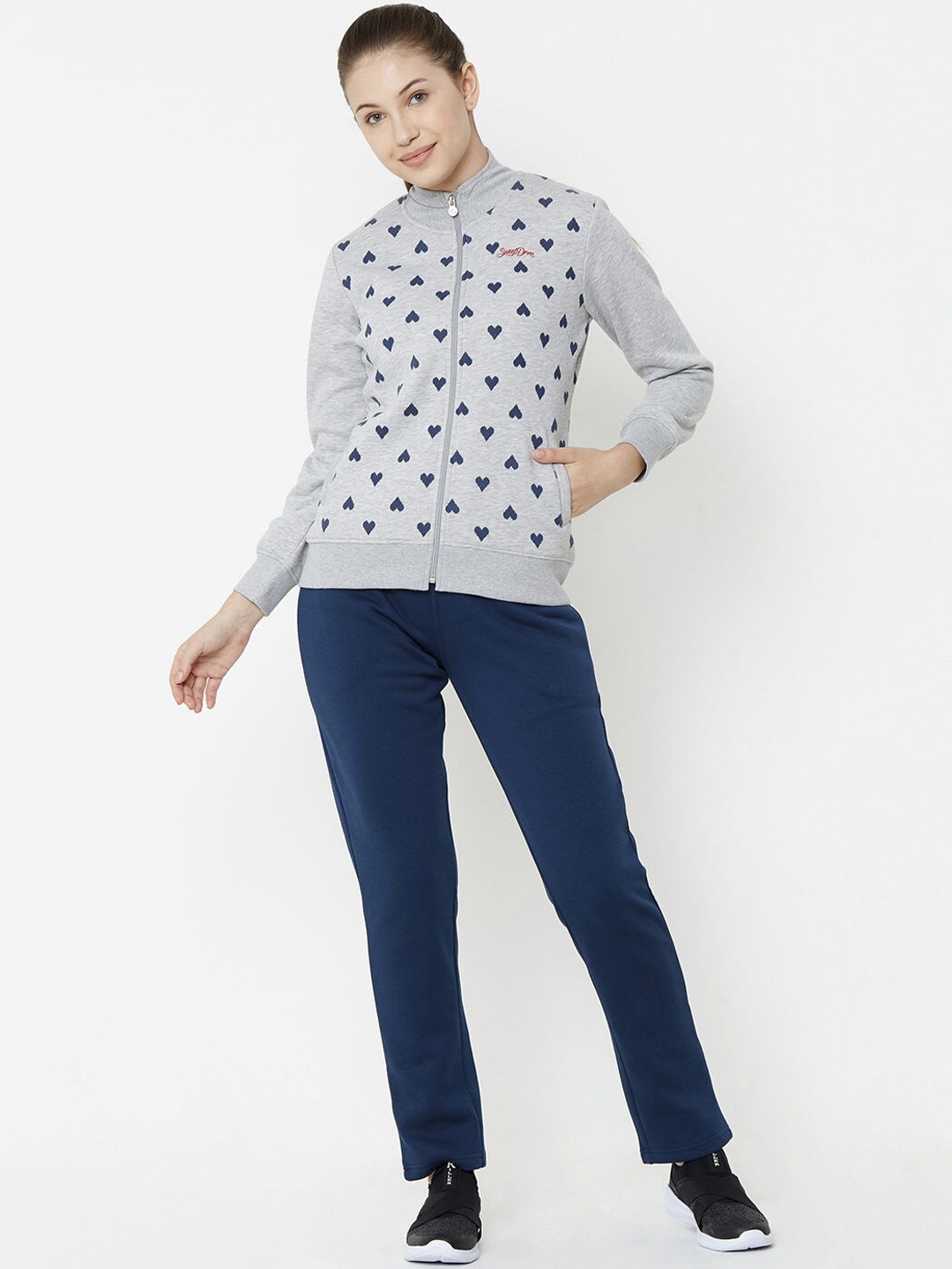 

Sweet Dreams Women Grey & Navy Blue Printed Tracksuit