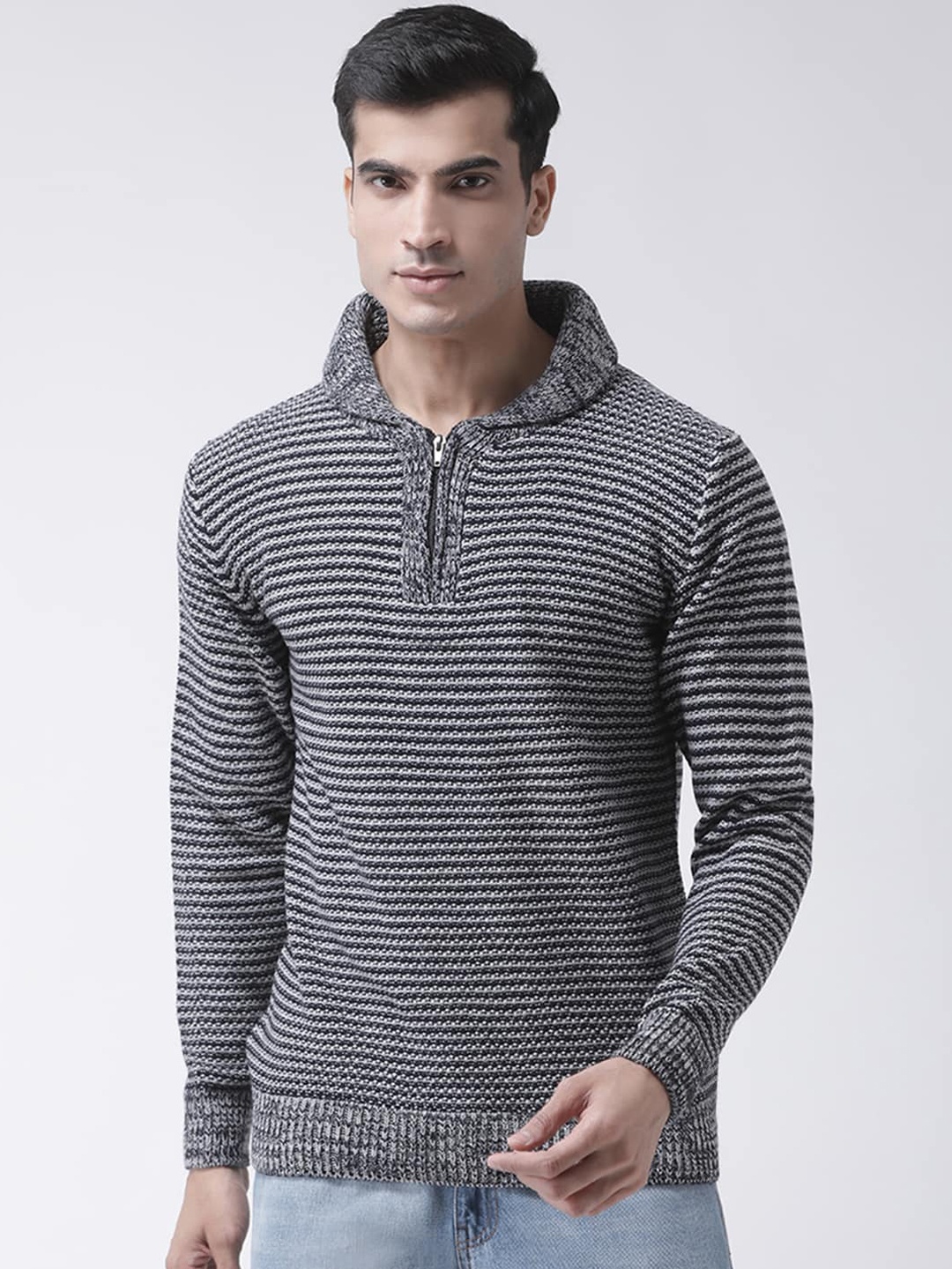 

Club York Men Black & White Self Design Pullover Hooded Sweater