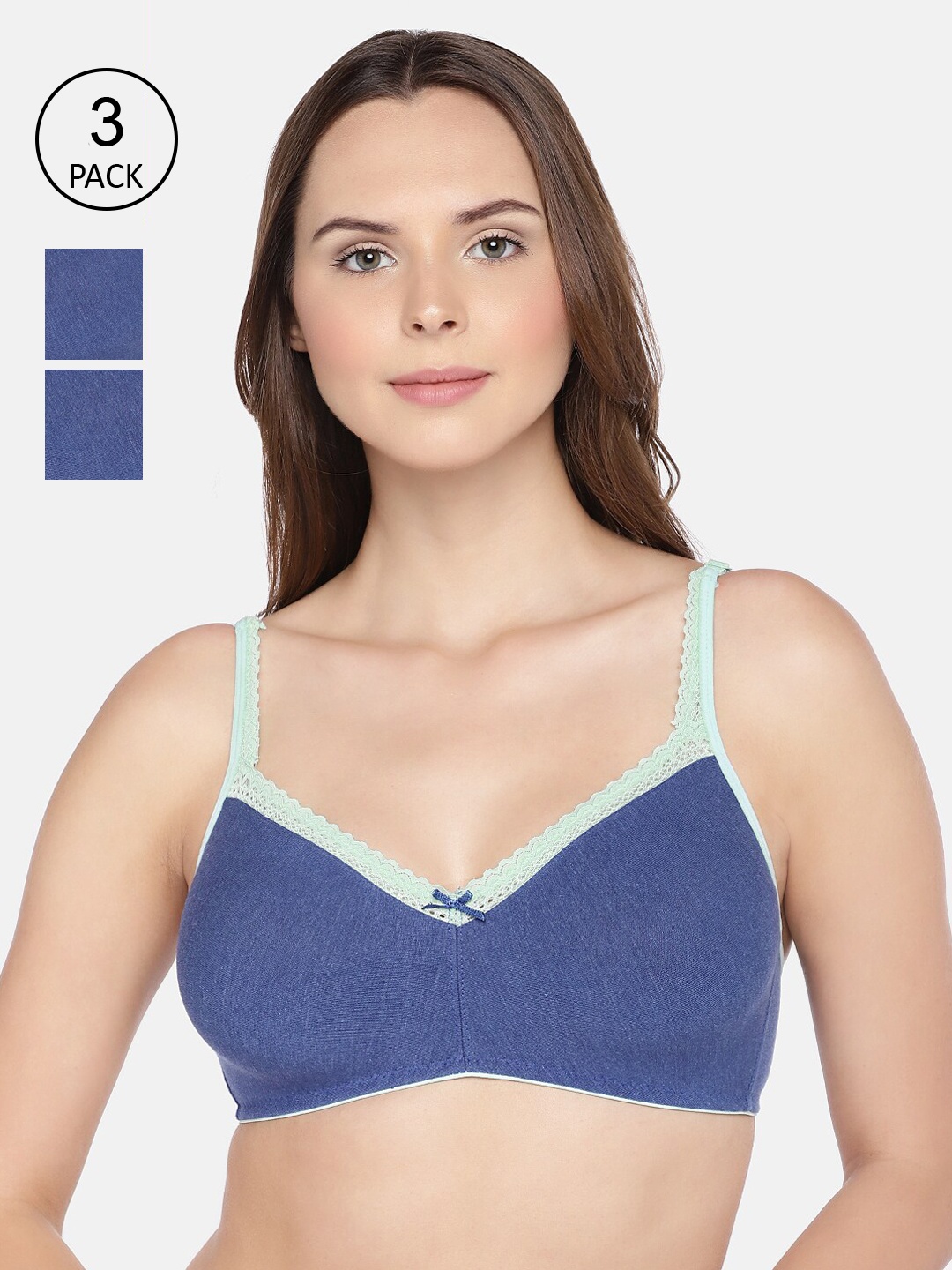 

Inner Sense Pack of 3 Organic Cotton Antimicrobial Soft Laced Bra ISB017, Blue