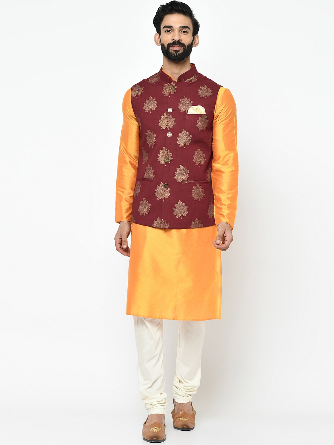 

KISAH Men Red & Orange Solid Kurta with Churidar & Nehru Jacket
