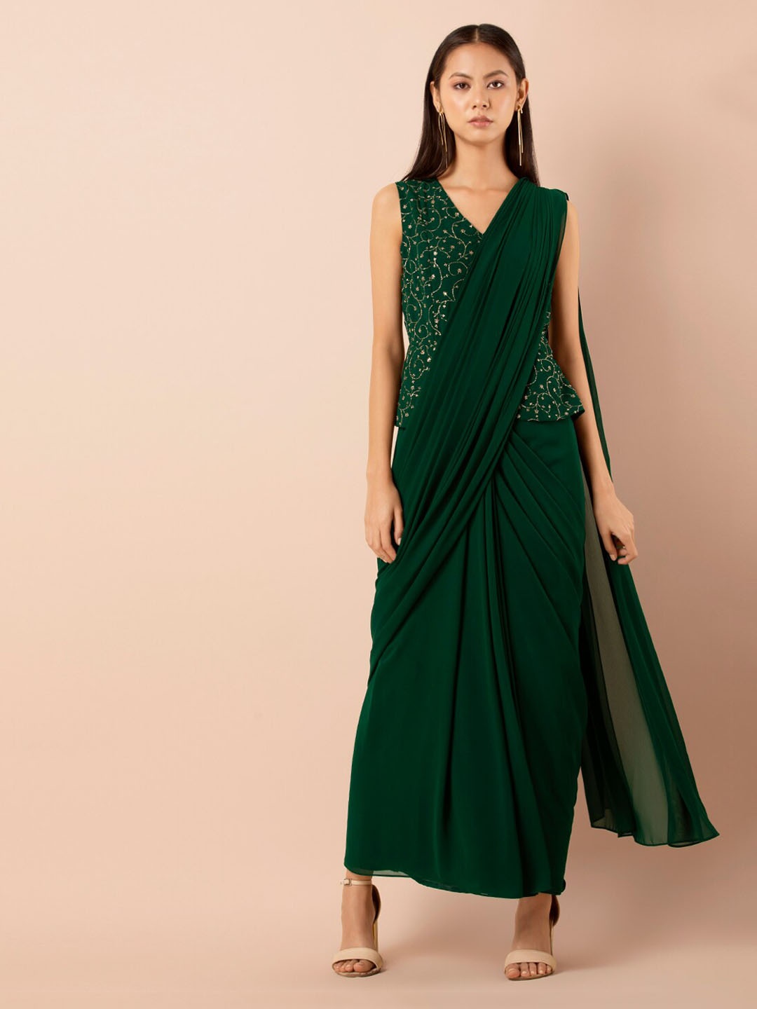 

INDYA Green Embroidered Pre Draped Ready To Wear Saree