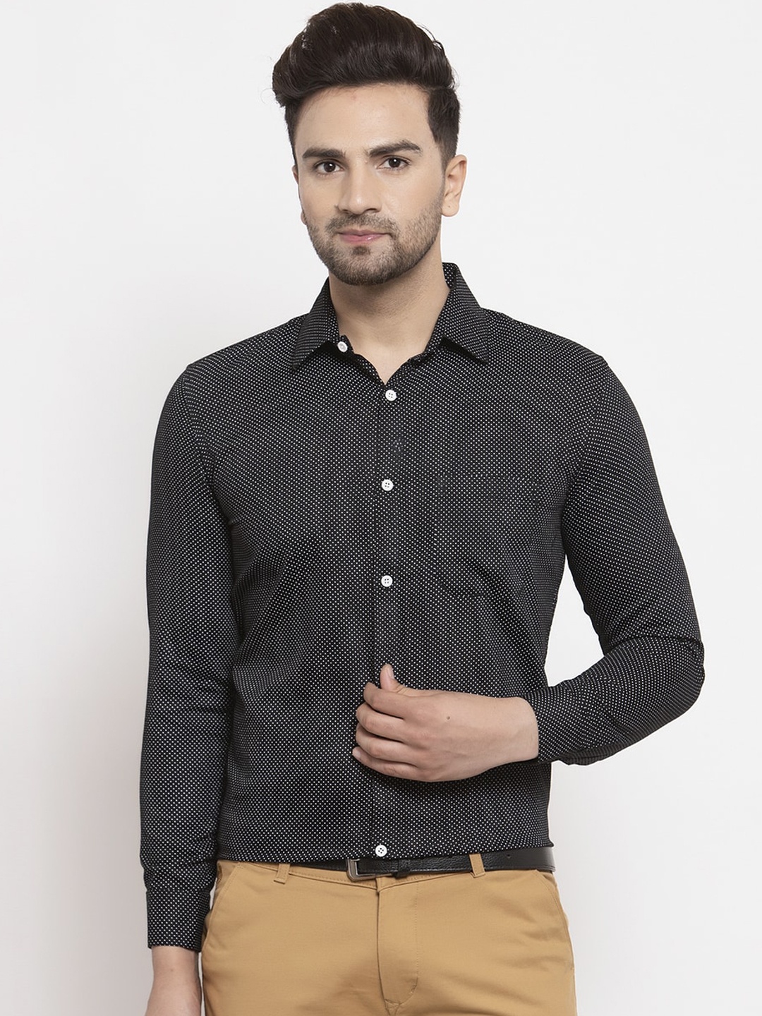 JAINISH Men Black Smart Regular Fit Printed Formal Shirt