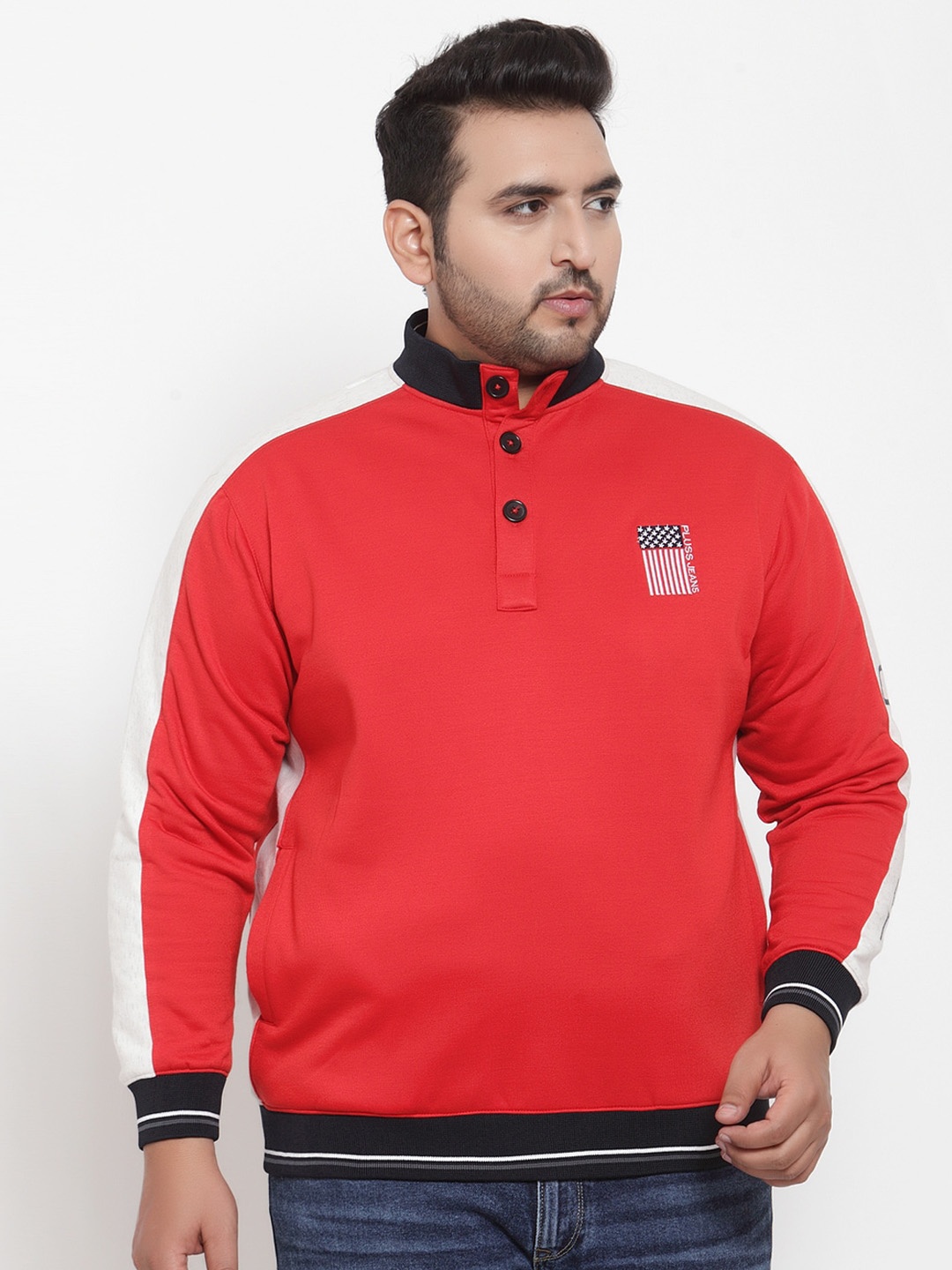 

plusS Men Red & White Colourblocked Sweatshirt