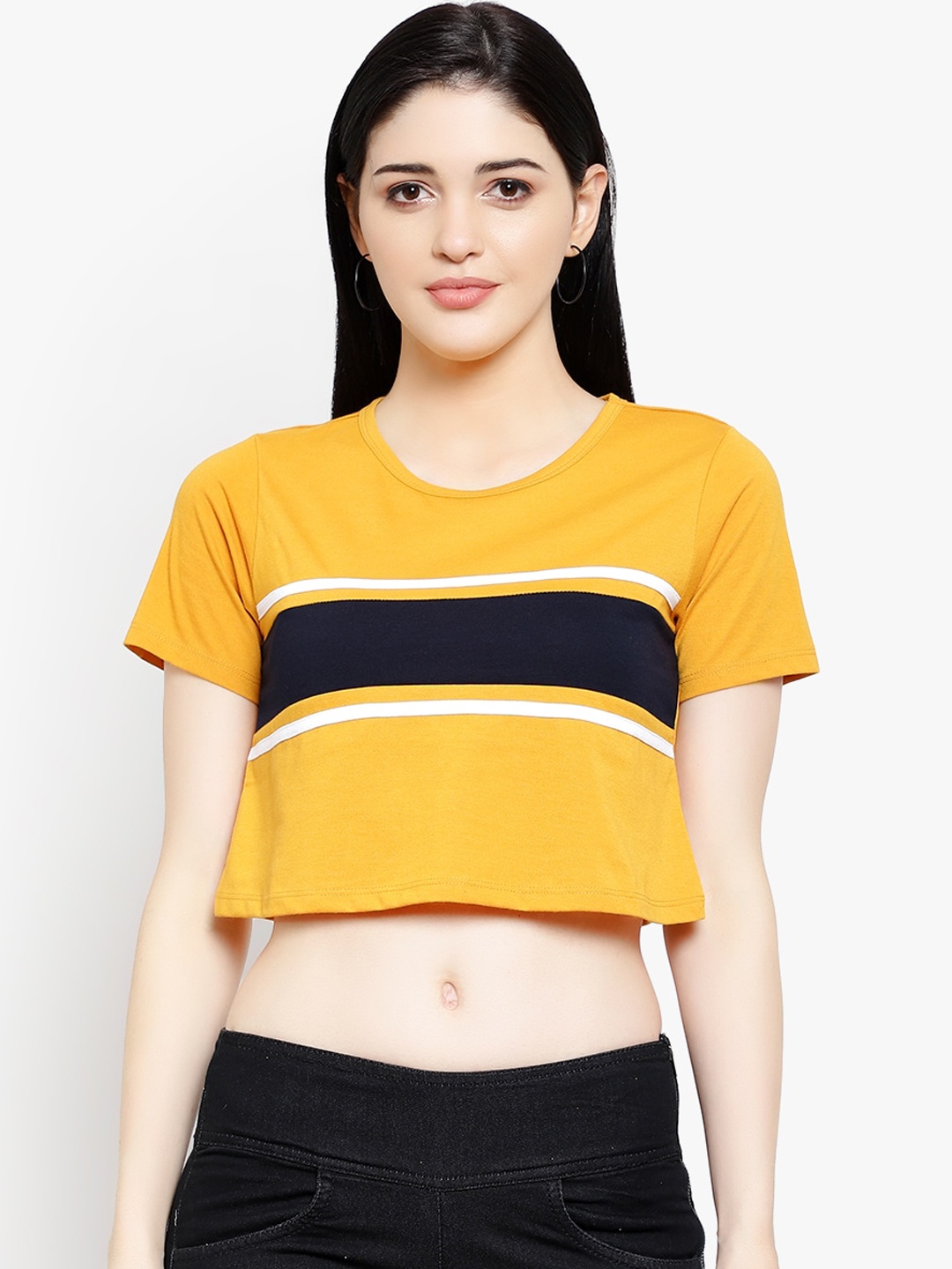 

LE BOURGEOIS Women Mustard & Navy Blue Colourblocked Pure Cotton Top