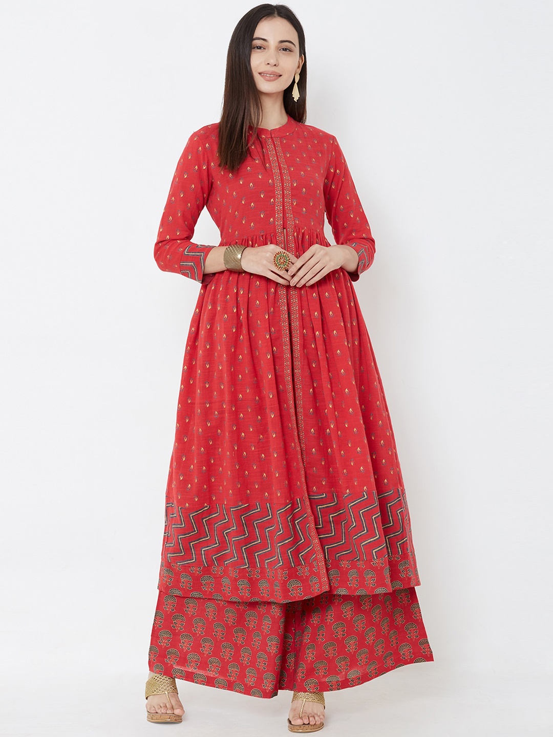 

FASHOR Women Red Printed Kurta with Palazzos