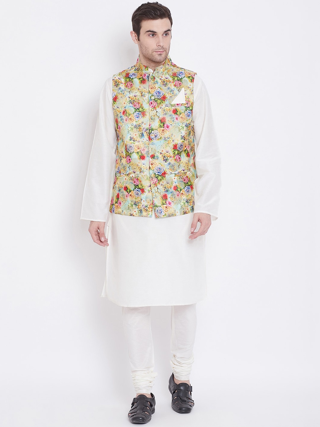 

Tulsattva Men White Printed Kurta with Churidar with Nehru Jacket