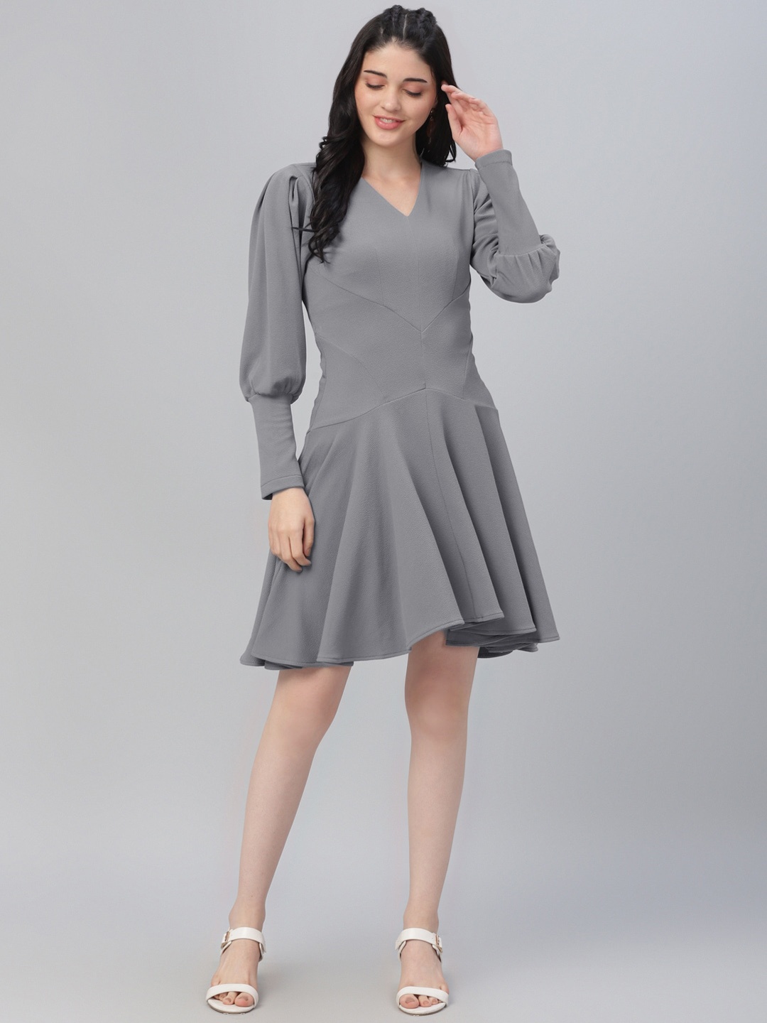 

Athena Women Grey Solid Fit and Flare Dress