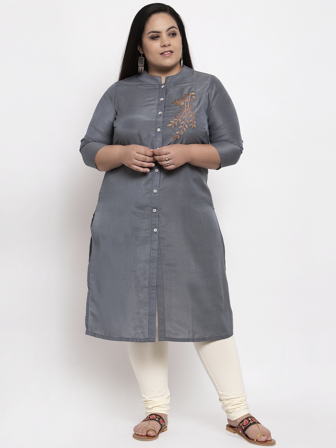 

plusS Women Grey & Brown Embroidered Straight Kurta