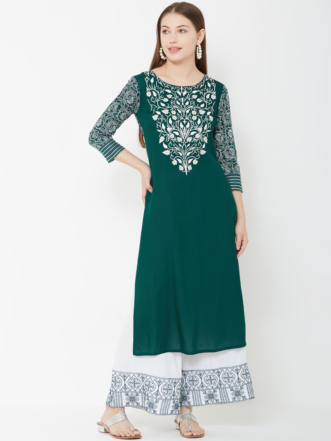 

FASHOR Women Green & White Printed Kurta with Palazzos