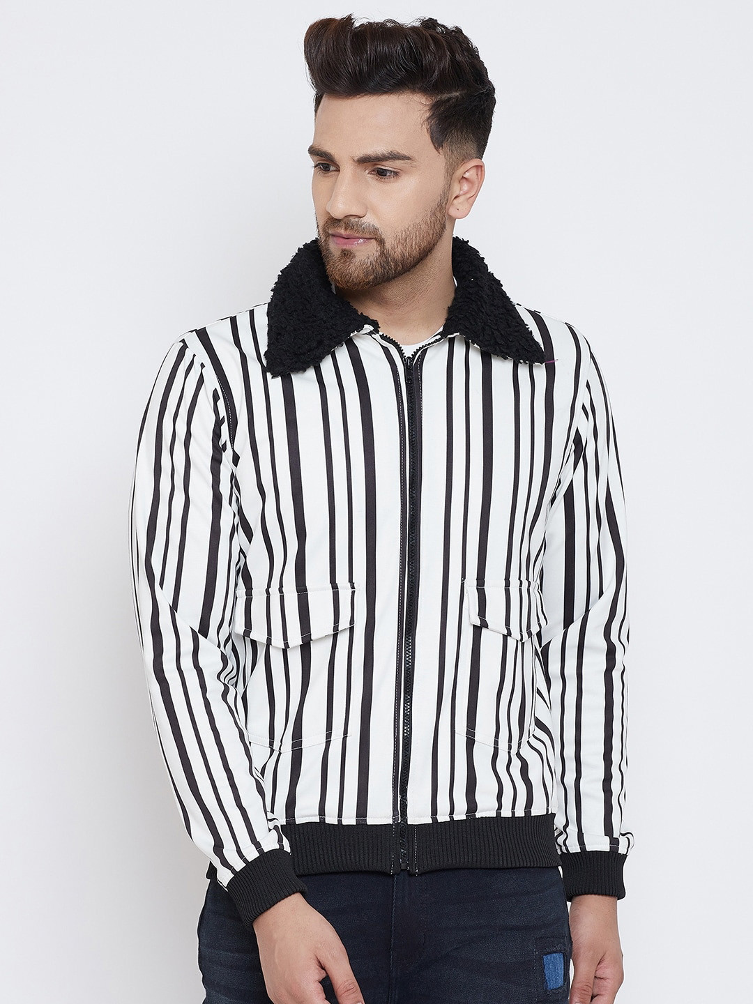 

FUGAZEE Men White & Black Striped Tailored Jacket