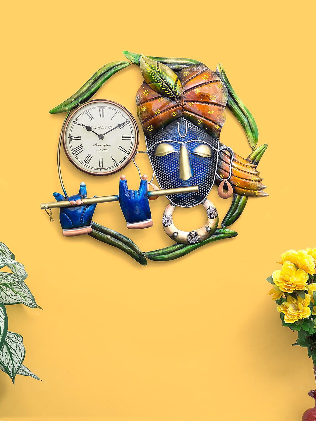 

Golden Peacock Blue & White Decorative Iron Krishna Handpainted Analogue Wall Clock