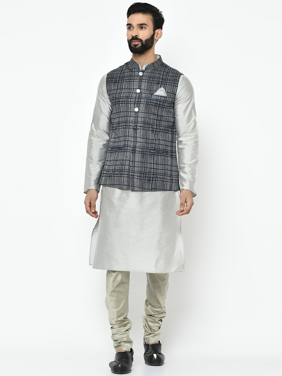

KISAH Men Navy Blue & Grey Solid Kurta with Pyjamas