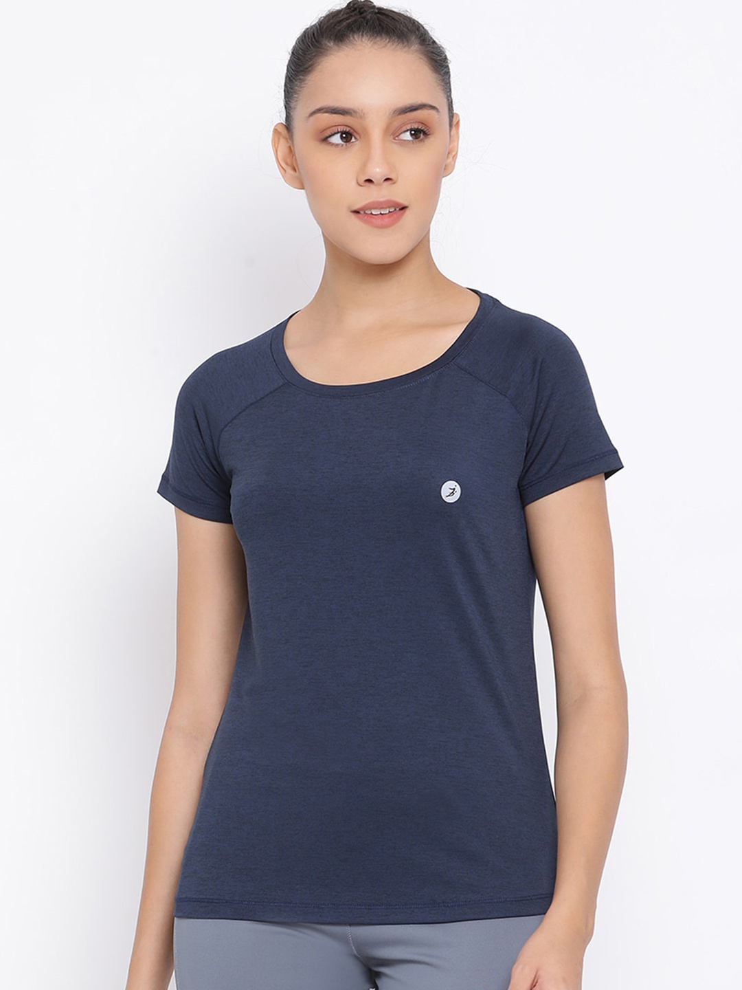 

BUKKUM Women Navy Blue Solid Round Neck T-shirt
