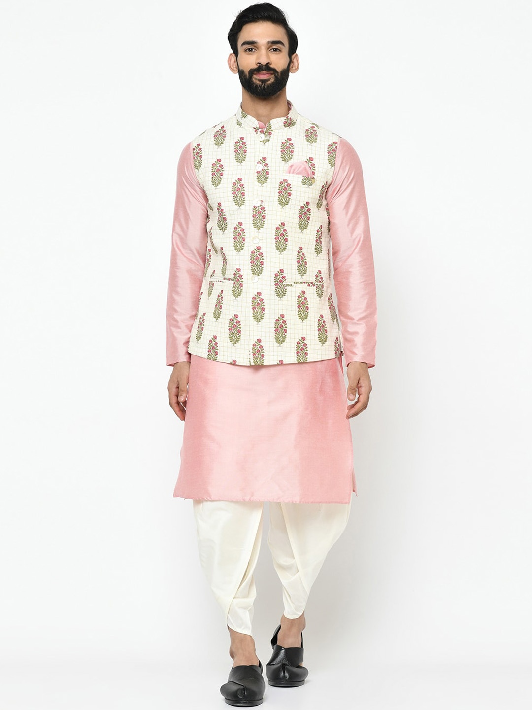 KISAH Men Pink Solid Kurta Set with Jacket