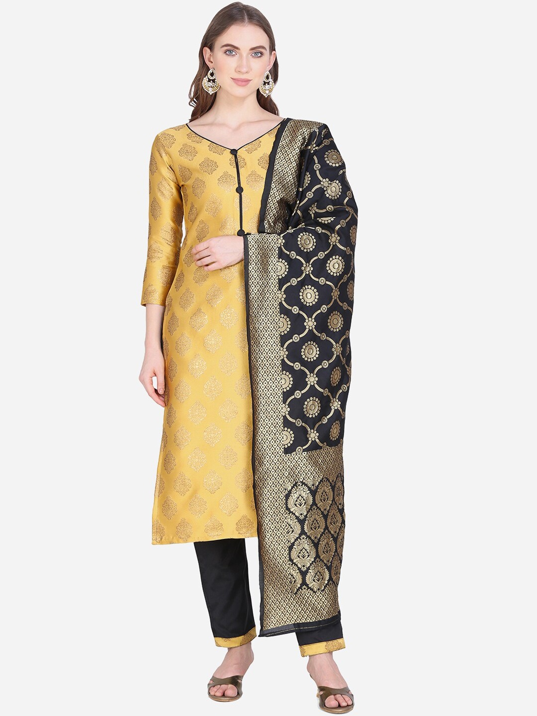 

SHAVYA Mustard & Black Silk Blend Unstitched Dress Material
