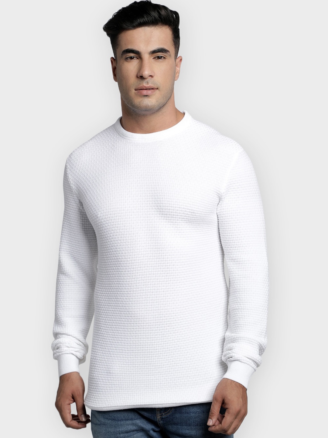 Red Tape Men White Self Design Pullover Sweater