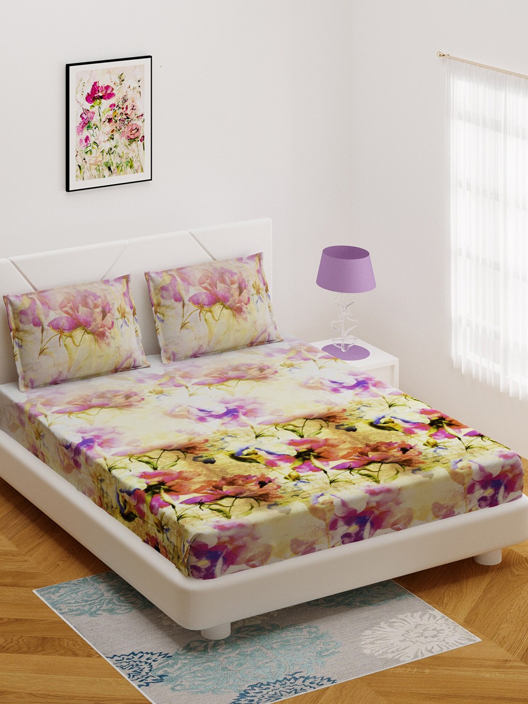 BOMBAY DYEING Multicoloured Floral 144 TC Cotton 1 Queen Bedsheet with 2 Pillow Covers, Multi