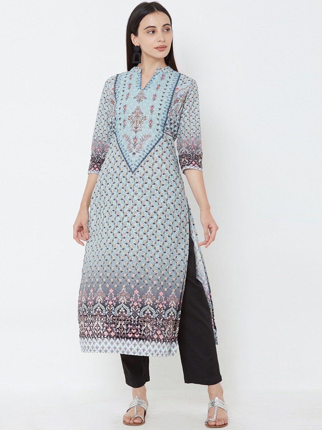 

FASHOR Women Turquoise Blue & Red Printed A-Line Kurta