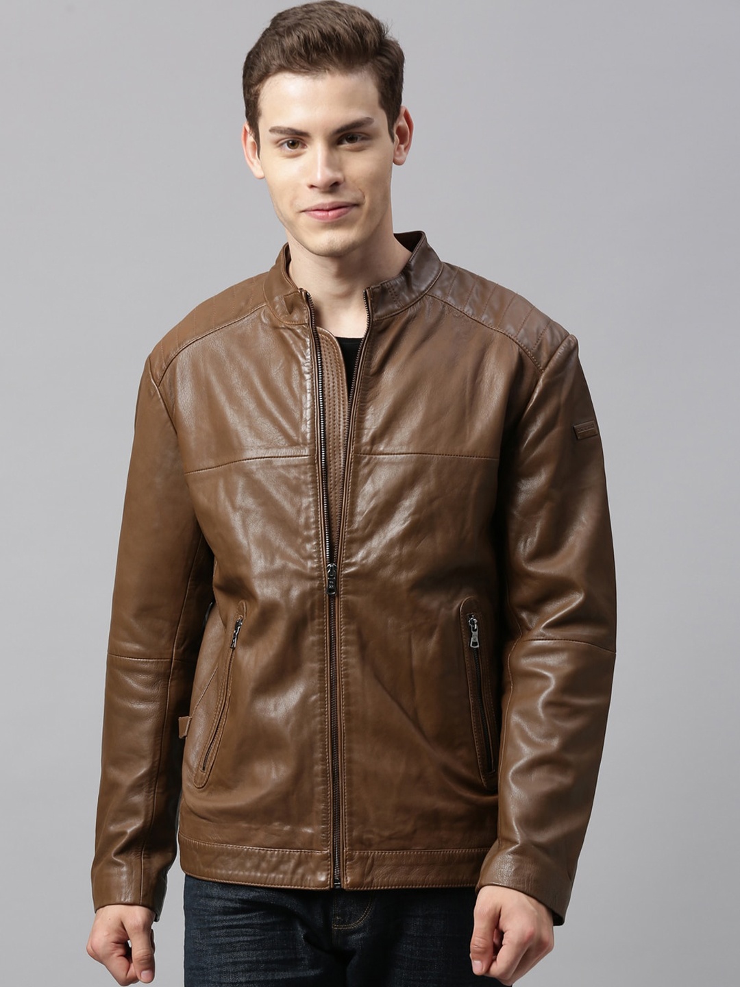 

RARE RABBIT Men Brown Solid Insulator Leather Jacket