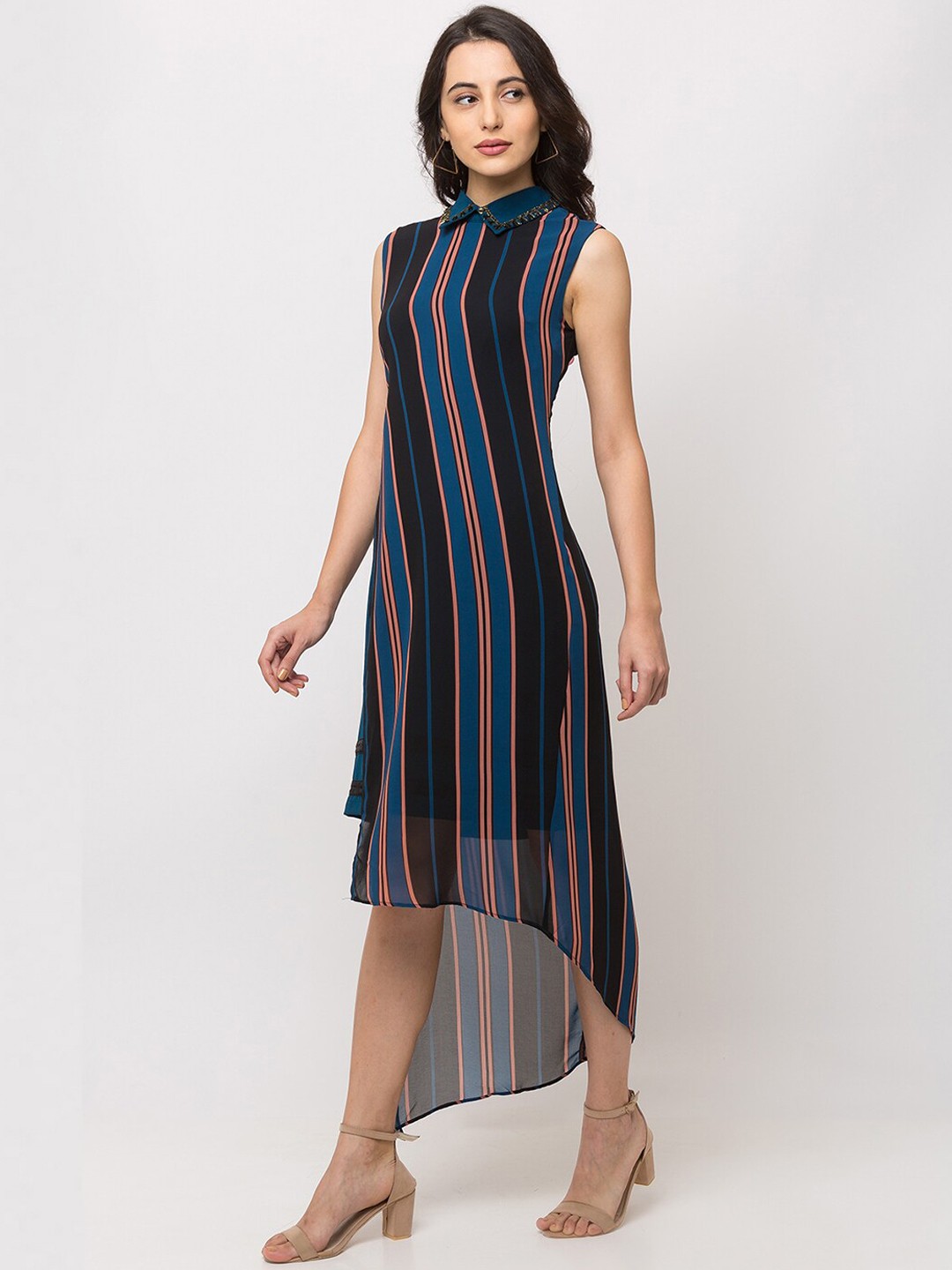 

SHECZZAR Women Multicoloured Striped Shirt Dress, Multi