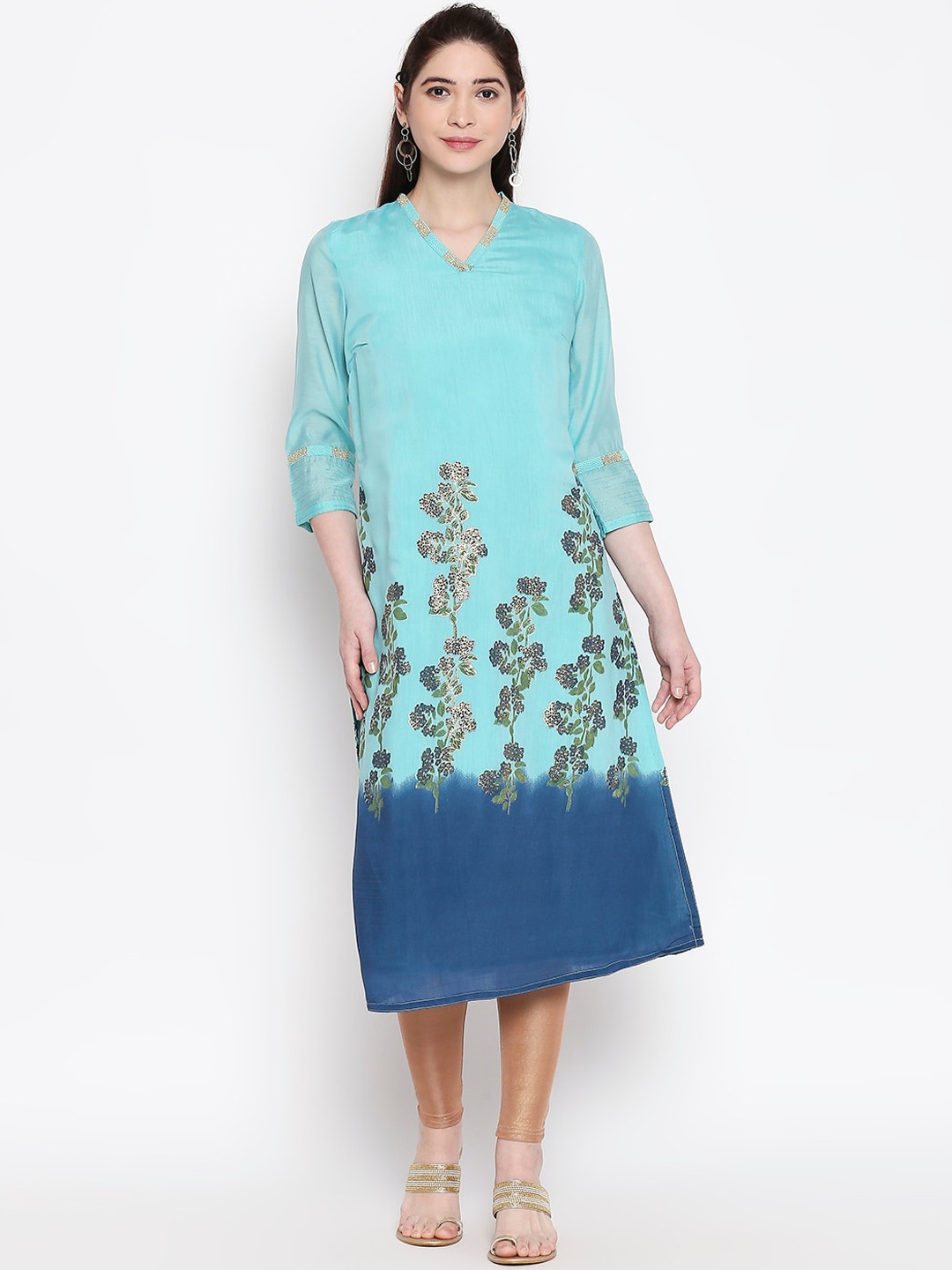 

RANGMANCH BY PANTALOONS Women Turquoise Blue Printed A-Line Kurta