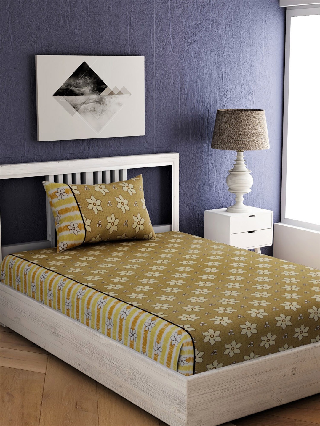 

EverHOME Olive Green & Beige Floral 144 TC Cotton 1 Single Bedsheet with 1 Pillow Covers