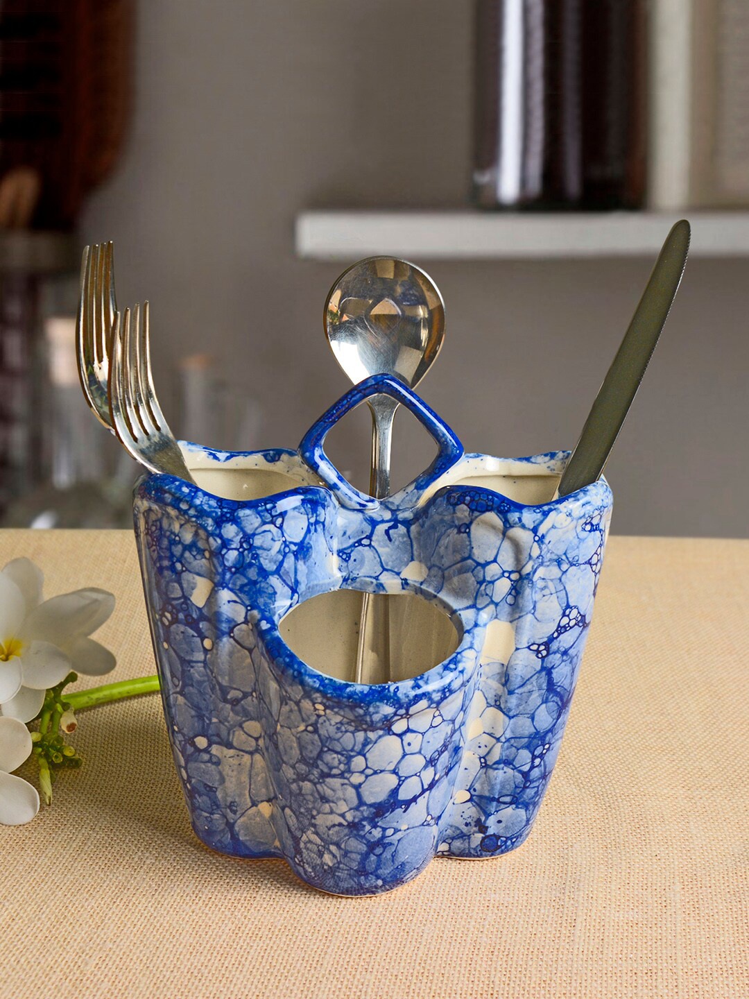 

StyleMyWay Blue & White Printed Hand Glazed Lustre Ceramic Kitchen Cutlery Stand