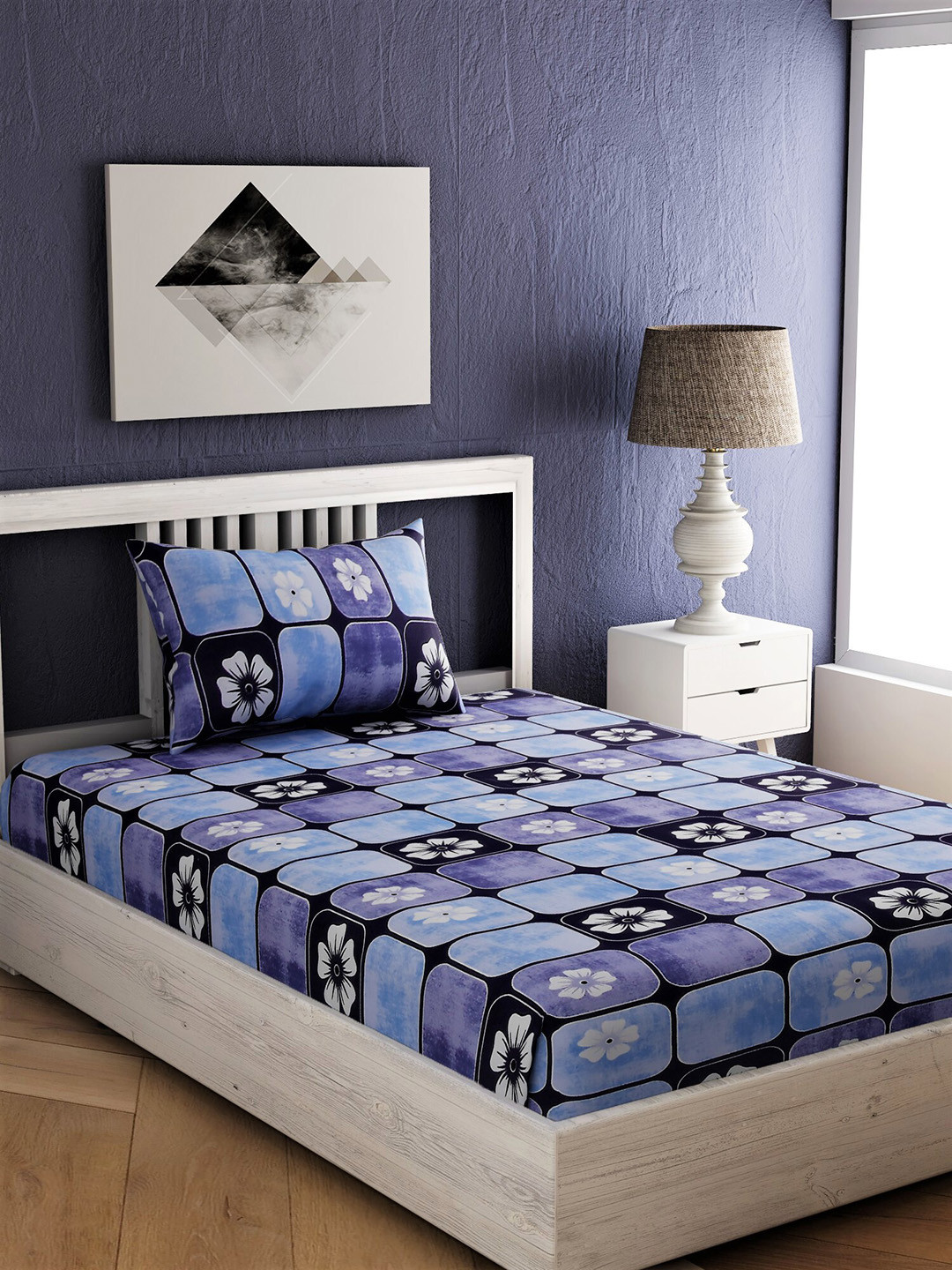 

EverHOME Blue & Black Floral 144 TC Cotton 1 Single Bedsheet with 1 Pillow Covers