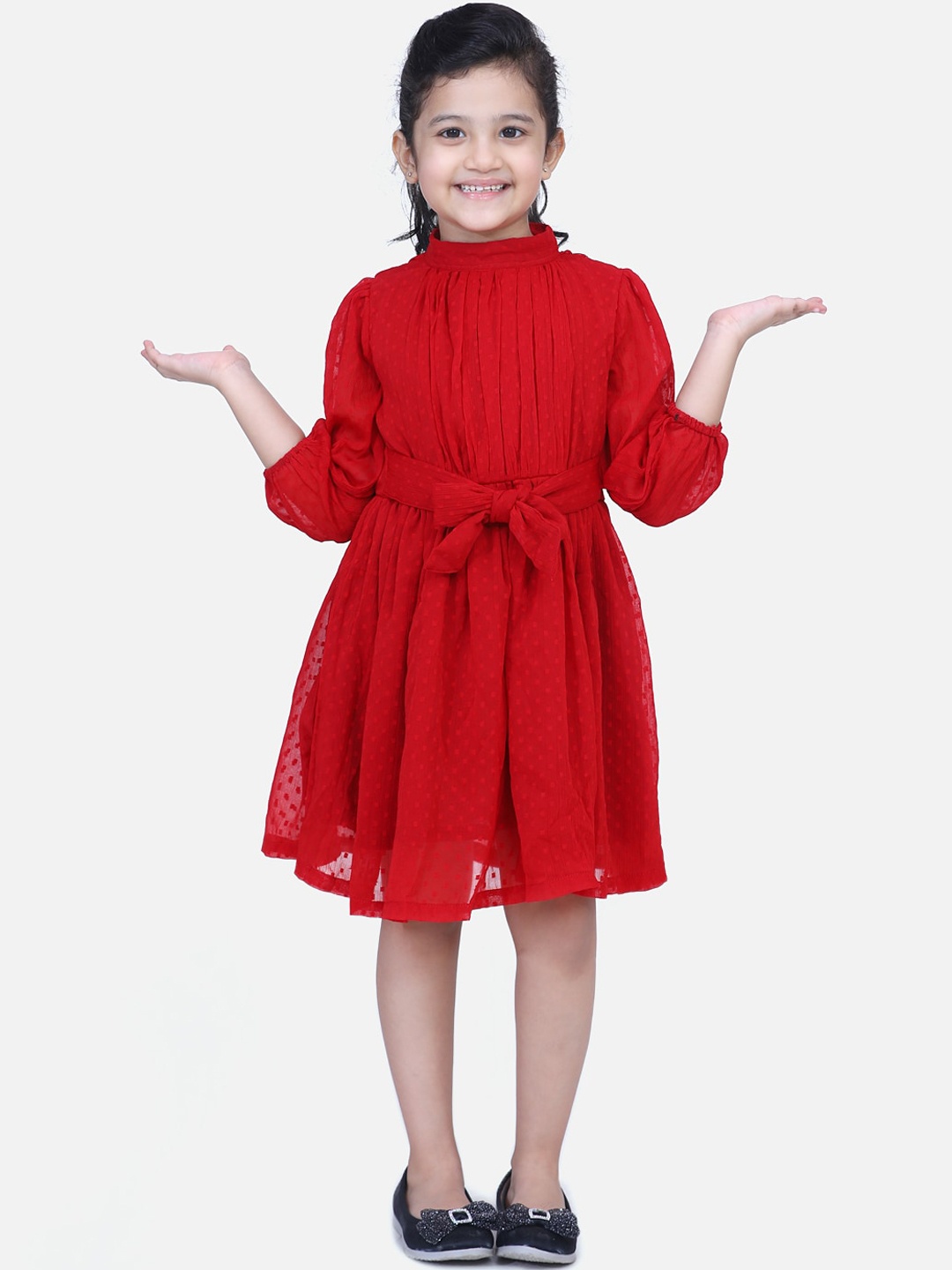 

Fairies Forever Girls Red Self Design Fit and Flare Dress