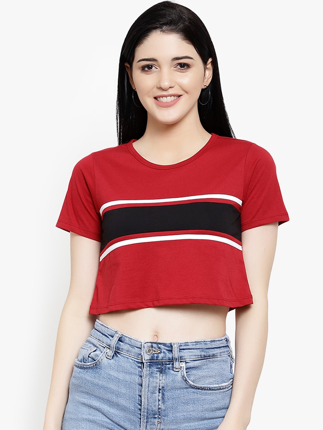 

LE BOURGEOIS Women Maroon & Black Colourblocked Top