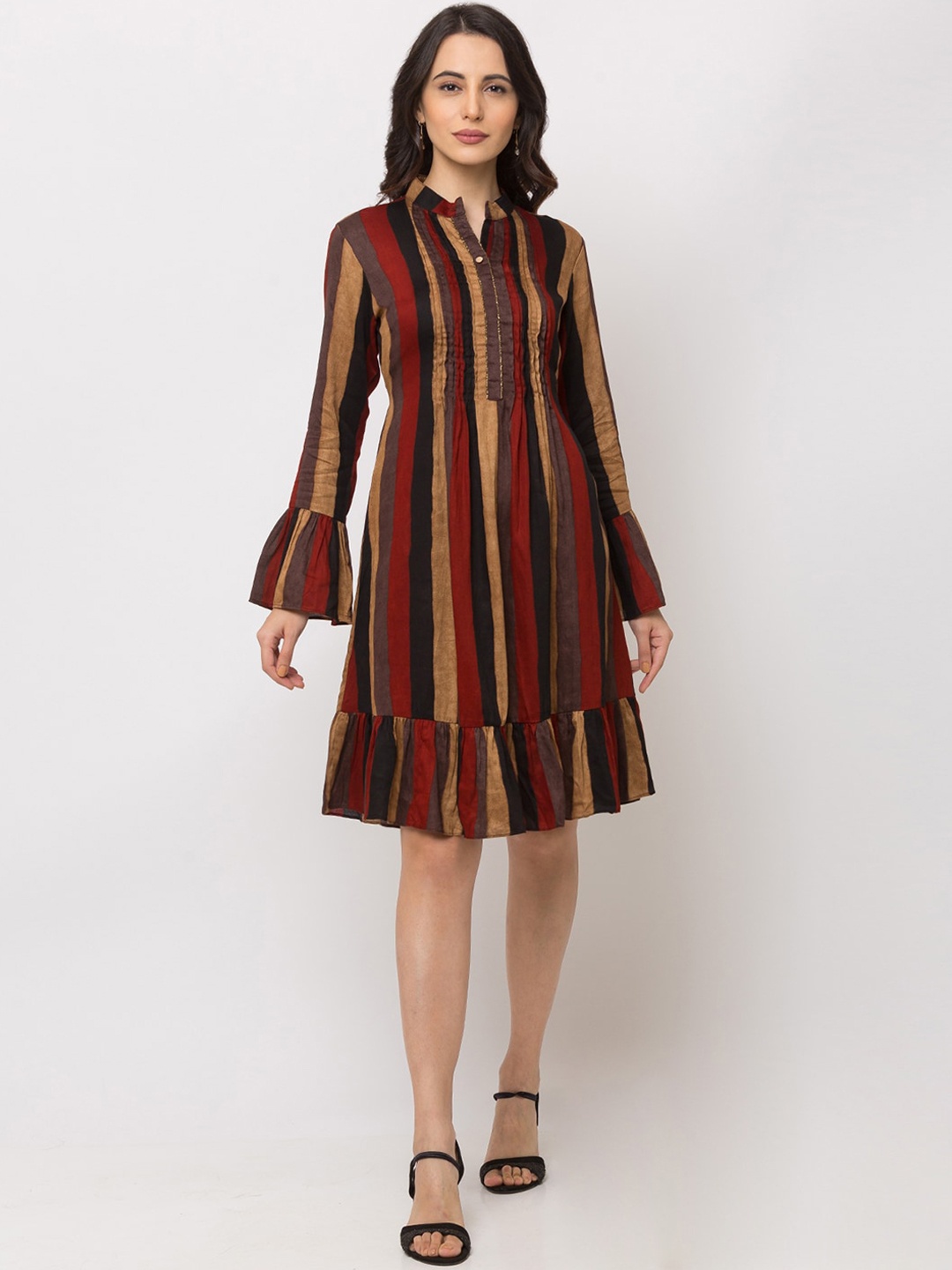 

SHECZZAR Women Rust Striped A-Line Dress